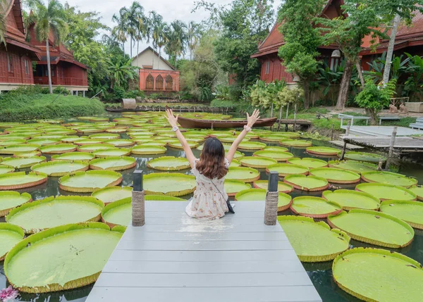 Ázsiai Turista Ruha Egy Hídon Nagy Lótuszvirág Kertben Tóban Phuket — Stock Fotó