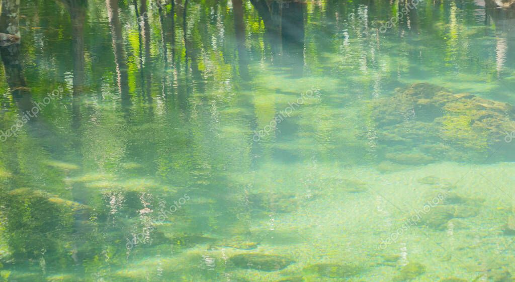 Canal de reserva marina, superficie cristalina esmeralda del agua del