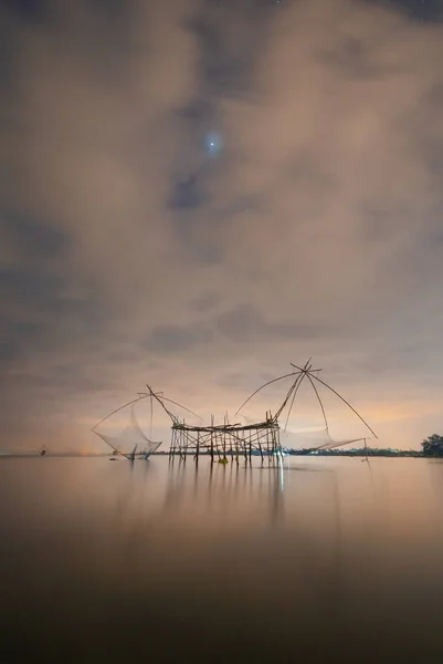 Rete Pesca Locale Nel Canale Lago Fiume Notte Natura Paesaggio — Foto Stock