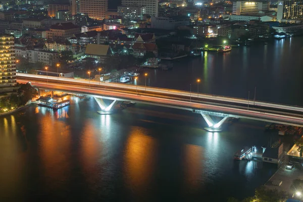 Biler Lys Lang Eksponering Taksin Bridge Transport Koncept Tog Både - Stock-foto