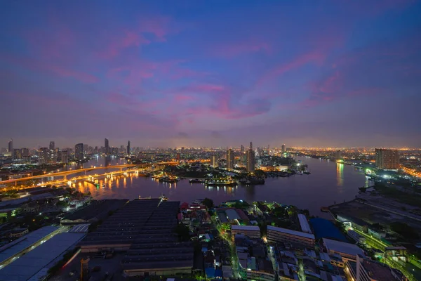 Vista Aérea Del Horizonte Ciudad Bangkok Por Río Chao Phraya — Foto de Stock