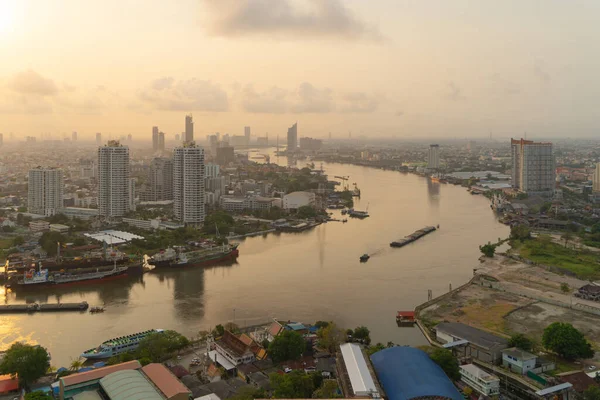 Vista Aérea Del Horizonte Ciudad Bangkok Por Río Chao Phraya — Foto de Stock