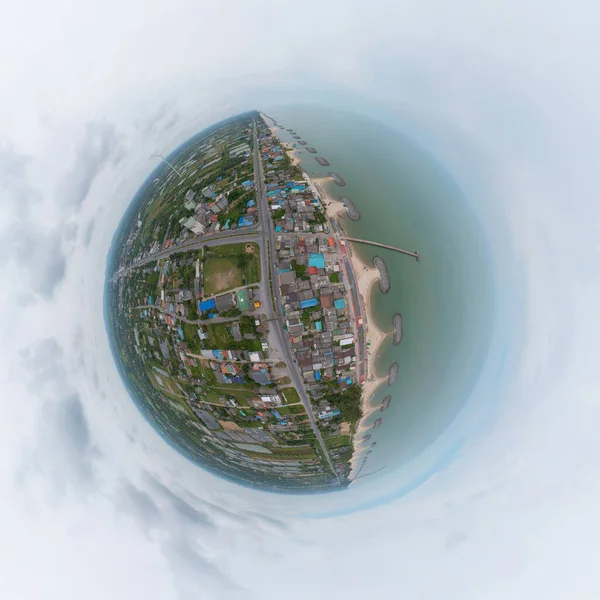 Pequeno Planeta 360 Graus Esfera Panorama Vista Aérea Turbina Eólica — Fotografia de Stock