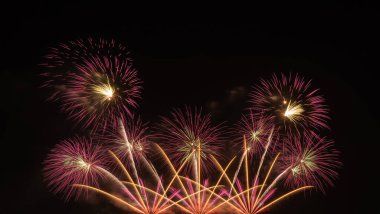 Geceleri uluslararası havai fişek festivali gösterisi. Siyahta izole edilmiş tatil kutlamalarında çeşitli renkli havai fişekler. Mutlu Yıllar Arkaplanı.