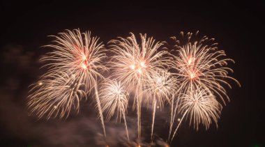 Geceleri uluslararası havai fişek festivali gösterisi. Siyahta izole edilmiş tatil kutlamalarında çeşitli renkli havai fişekler. Mutlu Yıllar Arkaplanı.