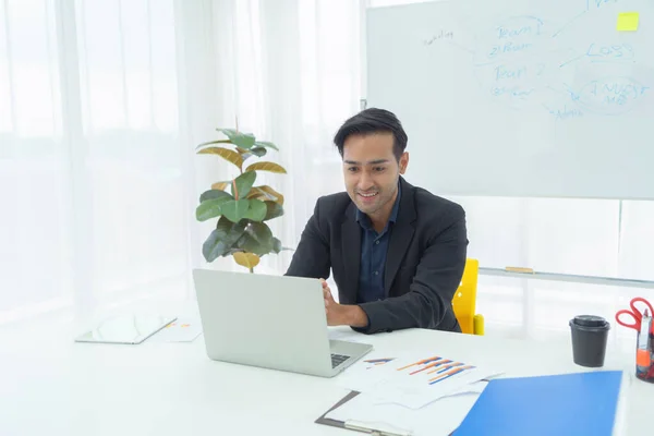 Portrait Business Asian Man Thai Person Talking Colleagues Webcam Group — Foto de Stock
