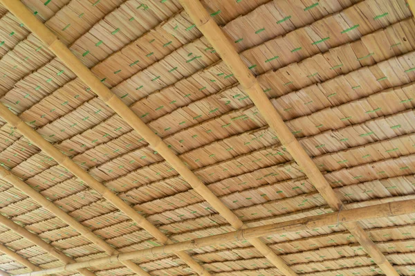 Tropical shingle layer on roof, natural pattern house or cottage. Texture background. Nature material.
