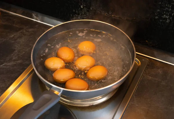 Boiling Chicken Eggs Metal Pan High Heat Electric Stove Kitchen — Stock Photo, Image