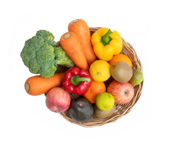 Változatos Színes Friss Gyümölcsök Zöldségek Egy Kosárban Nyers Bio Egészséges — Stock Fotó