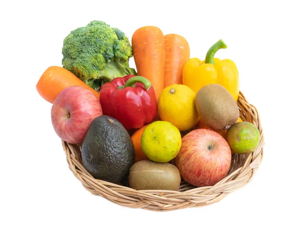 Változatos Színes Friss Gyümölcsök Zöldségek Egy Kosárban Nyers Bio Egészséges — Stock Fotó