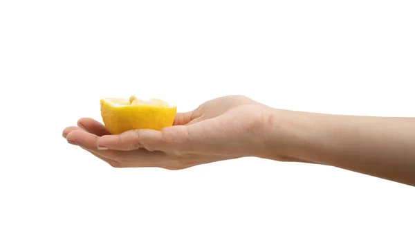 Mão Segurando Meio Corte Limão Limão Alimentos Orgânicos Saudáveis Crus — Fotografia de Stock