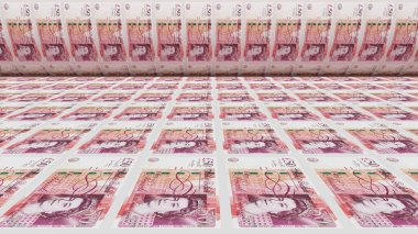 Enflasyon. Sterlin banknotlar ya da faturalar, GBP para birimi. Yığınla para basma makinesi. Merkez bankasındaki hükümet kağıt işlemleri. Ekonomi, finans. Kara para aklama. Zengin değişim. 3d illüstrasyon