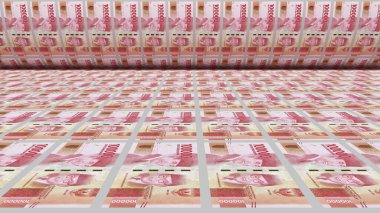 Enflasyon. Endonezya rupiası banknotları ya da banknotlar, Endonezya 'da IDR para birimi. Yığınla para basma makinesi. Merkez Bankası 'nda kağıt. Ekonomi, finans. Kara para aklama. Zengin değişim. 3d illüstrasyon