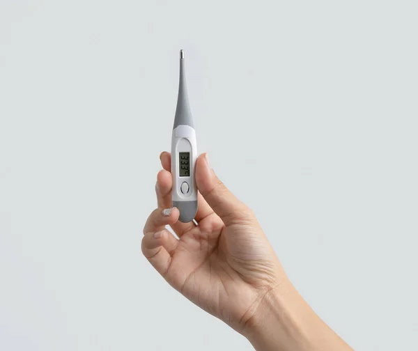 Hand Hold Electronic Medical Thermometer Isolated White Background Fever Diagnosis — 图库照片