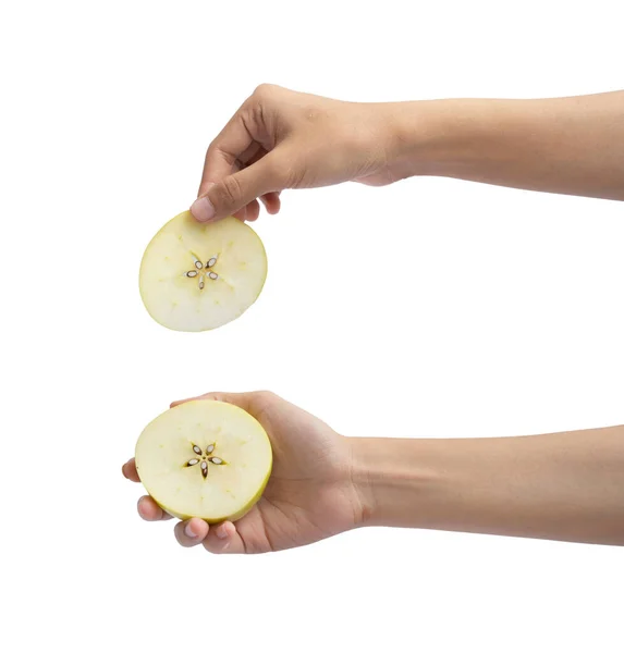 Ręka Trzyma Jabłko Świeże Owoce Surowe Organiczne Zdrowe Jedzenie Spożywczy — Zdjęcie stockowe