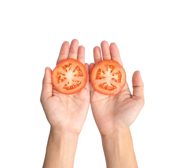 Mano Sosteniendo Tomate Aislado Sobre Fondo Blanco Vegetales Frescos Comida — Foto de Stock
