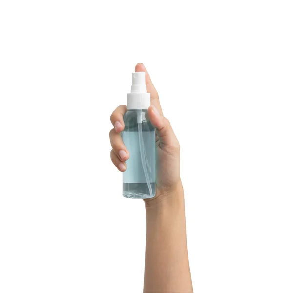 Mano Applicare Alcool Disinfettante Spray Antibatterico Bottiglia Plastica Trasparente Isolato — Foto Stock