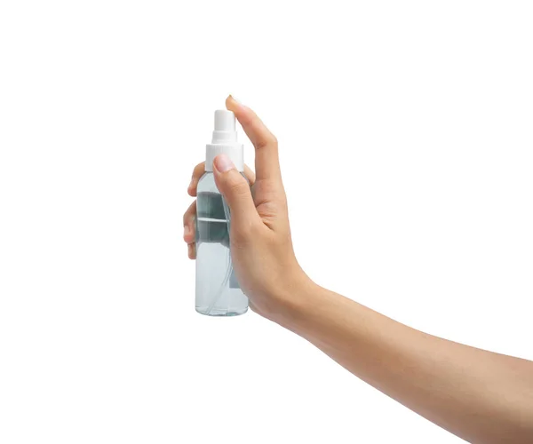 Mão Aplicando Álcool Desinfetante Spray Bactérias Frasco Plástico Transparente Isolado — Fotografia de Stock