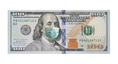 Amerika Birleşik Devletleri banknotundan 100, 100 dolar. Yüz maskeli başkan. Corona Virüs2019-NCoV veya Covid 19. Amerikan parası. Para için. Grip salgını salgın riskini taşıyor