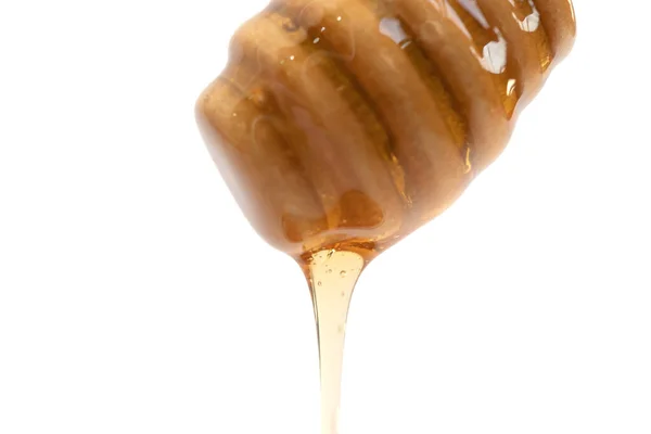 Honing Met Houten Dipper Stick Geïsoleerd Witte Achtergrond Lekker Eten — Stockfoto