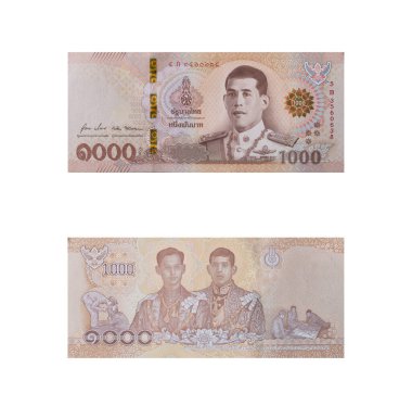 1000 Tayland banknotu. Tayland parası 1000 baht değerindeydi, THB beyaz arka planda izole edilmişti. Para için. Tayland 'da 10. Rama X Saltanatı.