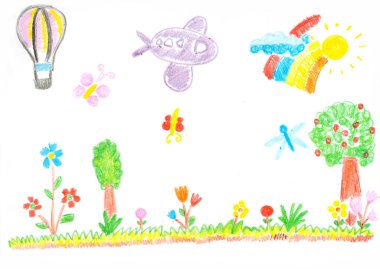 Çiçek bahçesi, bir balon, bir uçak ve güneşli bir çocuğun çiziminde gökkuşağı olan kelebekler. Boyama. Resim yapmak. Yaratıcılık. Hayal gücü. Sanatçı ve hobi. Çocuksu sanat.