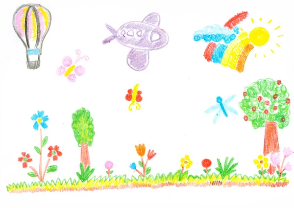 Flowers garden, a balloon, a plane and butterflies with rainbow on sunny day kid\'s drawing. Coloring. Painting. Creativity. Imagination. Artist and hobby. Childish art.