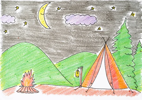 Camping Tent Beautiful Night Sky Kid Drawing Coloring Painting Creativity — Stock Photo, Image