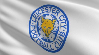Leicester City F.C., King Power bayrağı rüzgarda dalgalanıyor. Futbol kulübü FC Premier Ligi 'nin amblemi. Futbolda şampiyon. 3 boyutlu illüstrasyon. Spor takımı oyunu.