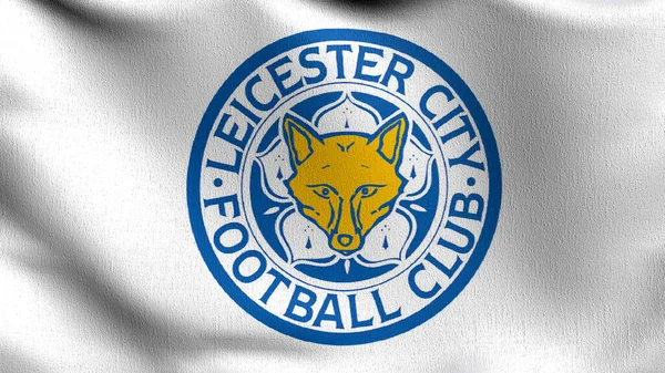 Leicester City F.C., King Power bayrağı rüzgarda dalgalanıyor. Futbol kulübü FC Premier Ligi 'nin amblemi. Futbolda şampiyon. 3 boyutlu illüstrasyon. Spor takımı oyunu.