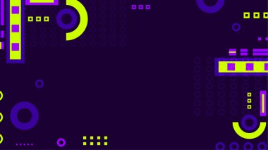 Koyu mor bir arkaplan neon yeşil ve mor geometrik şekiller içerir. Tasarım yatay tarama dokusu etkisi olan daireler kareler ve ızgaralar içerir.