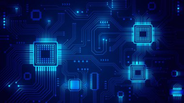 Fütürist bir devre kartı arka planı parlak mavi mikroçipler ve karmaşık bağlantı hatları içerir. Bu dijital elektronik tasarım işlemci detayları ve küçük dekoratif kareler içerir.
