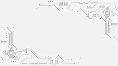 Minimalist beyaz arka planda yumuşak gölgeli yükseltilmiş devre kartı kalıpları var. Tasarım geometrik mikroçipleri içerir