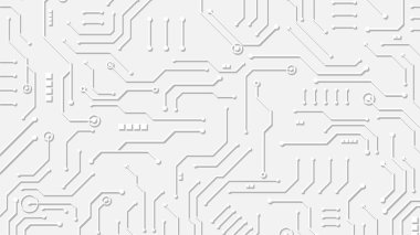 Minimalist beyaz desenli arka plan soyut elektronik devre kartı kalıplarını gösteriyor. Tasarım geometrik mikroçipler ve bağlantı çizgileri içerir.