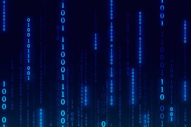 Parlak mavi ikili sayılar, modern elektronik iletişim ve güvenli internet ağı için veri işleme teknolojisi ve bilgi sistemlerini temsil eden soyut dijital desen oluşturarak dikey olarak siyah arkaplan boyunca akarlar.