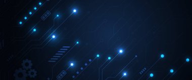 Bu koyu mavi dijital teknoloji sahnesinde parlak ışık düğümleri parlak devre çizgileri ile bağlanırken, geometrik şekiller ve dişli elementler.