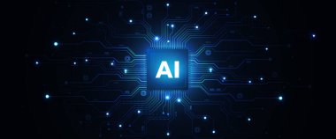 Merkezi parlayan bir yapay zeka mikroçipi karmaşık devre çizgileri ve veri düğümlerinden mavi ışık yayar. Bu simetrik dijital düzen makine öğrenme zekasını ve gelişmiş sinirsel ağ işleme sistemlerini temsil eder..