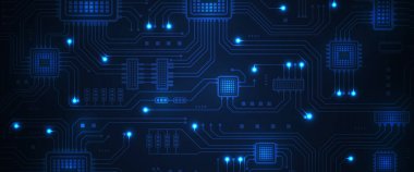 Bu koyu mavi teknoloji sahnesi, parlayan devre hatlarıyla birbirine bağlı çoklu kare mikroçiplerle karışık bir anakart düzenini gösteriyor. Detaylı elektronik desen, gelecekteki bir bilgisayar gücü hissi yaratıyor.