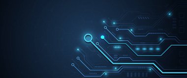 Parlak mikroçip çizgileri ve birbirine bağlı yarı iletken düğümler, altıgen desenler ve elektronik devreler içeren karanlık bir yüzey boyunca ağ yolları oluşturur.