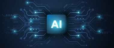 Merkezi yapay zeka işlemci çipi koyu mavi ile parıldıyor. Etrafı geometrik çizgiler ve modern bilgisayar teknolojisi ağı ve veri işleme konseptini temsil eden düğümlerle çevrili karmaşık Cyan dijital devre bağlantılarıyla çevrili.