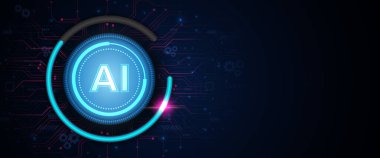 İlerleme halkası arayüzü ile parlayan dairesel yapay zeka simgesi. Cyan ve morumsu dijital devrelerle çevrili. Fotokopi alanı olan koyu fütüristik teknoloji arka planında.