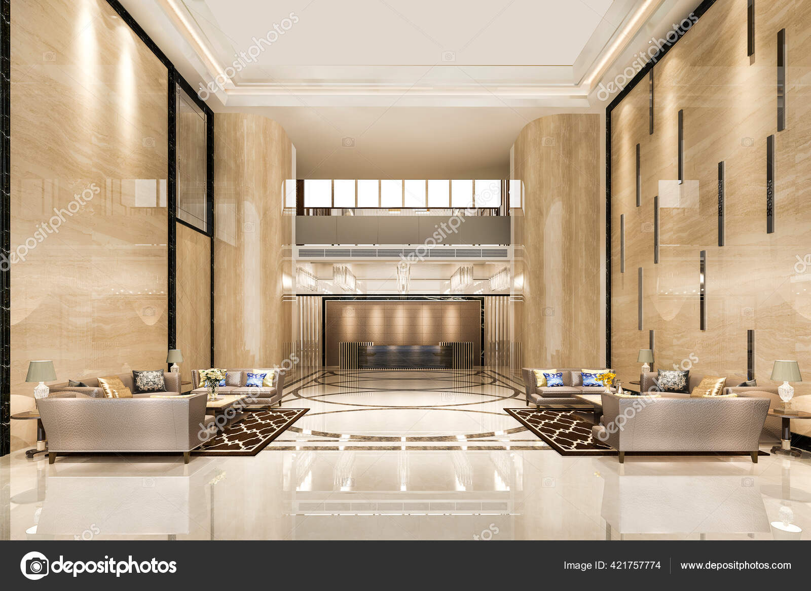 Rendering Grand Luxury Hotel Reception Hall Entrance Lounge Restaurant