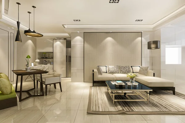 Rendering Modernes Esszimmer Und Wohnzimmer Mit Luxuriösem Dekor — Stockfoto