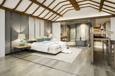 Tatil otel ve tatil beldesinde 3d render lüks tropikal yatak odası süiti