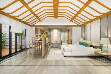 Tatil otel ve tatil beldesinde 3d render lüks tropikal yatak odası süiti