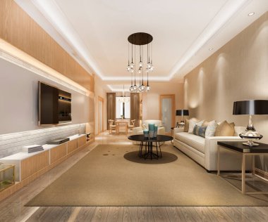 3D, yemek masasının yanında kitaplığı olan lüks oturma odası.