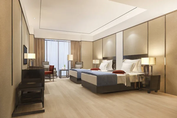 Vykreslování Luxusní Ložnice Suite Resortu High Rise Hotel Oddělenou Postelí — Stock fotografie