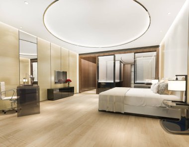 Banyonun yanında çalışma masası ve yuvarlak tavanlı 3D lüks yatak odası süiti.