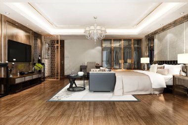 3D modern yatak odası süitini gardıropla donatmak ve dolapta ve çalışma masasında yürümek.