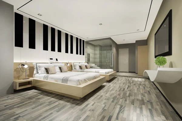 Renderizado Moderna Cama Doble Lujo Suite Dormitorio Baño — Foto de Stock